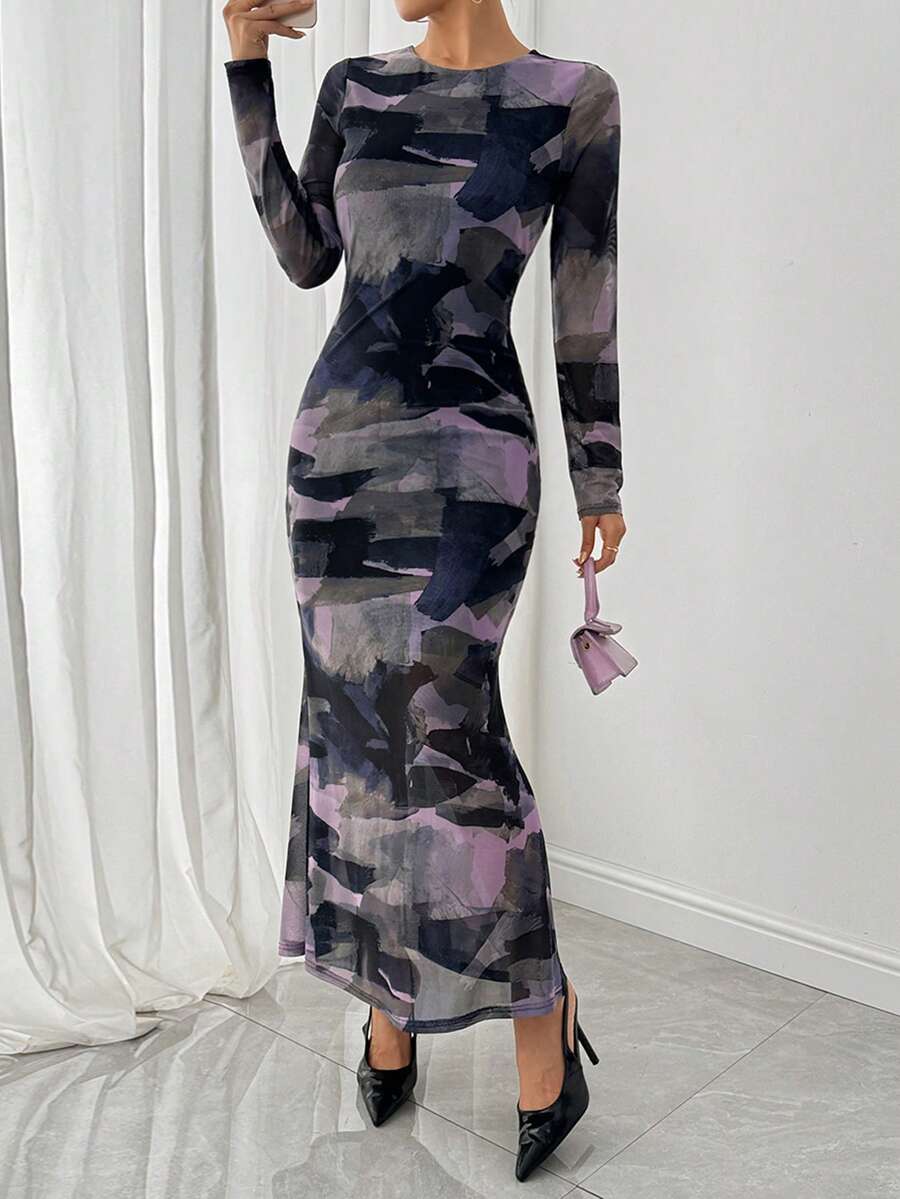 Women Floral Leopard Long Sleeve Mesh Bodycon Maxi Dress Spring Fall Ocktail Club Wedding Guest Formal Evening Valentine Dresses Outfits - 藏蓝色 - 查看 1