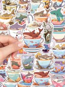 50 Stücke lustige Cartoon Becher Hai Aufkleber für Laptop, Skateboard, Computer, Autos, Kühlschrank, Handy, Dekoraufkleber