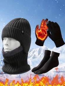 4pcs Winter Warm Set: Ear Warmer Hat, Thick Neck Gaiter, Touch Screen Gloves, Thick Socks, Suitable For Outdoor Sports And Gift Giving