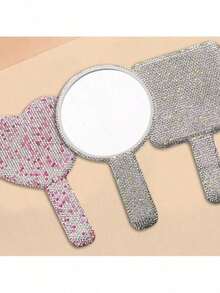 High Definition Crystal Handle Mirror, Ins Creative Diamond Inlaid Heart & Round Makeup Mirror, Portable Single-Sided Beauty Mirror,Makeup,Cheap,Room Decor,Vanity,Travel,Bedroom,Makeup Accessories,Mirror,Vanity Mirror,Mini Mirror,Compact Mirror,Mirror Small,Hand Mirror