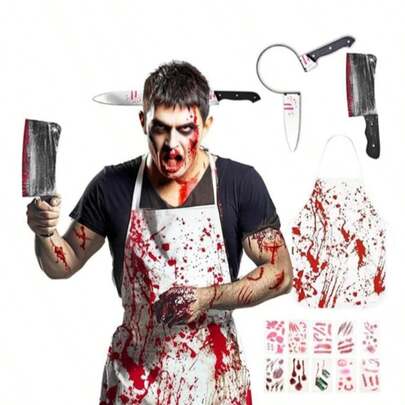 Halloween Black & White Horror Butcher Costume Play Bloody Non-Woven Fabric Apron, Prank Prop