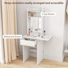 HOMCOM Small Dressing Table With Mirror, Adjustable LED Lights, Drop Leaf Side, Vanity Desk With Open Shelves And Drawer, Compact Makeup Table For Small Spaces, Bedroom, White - White - View 6