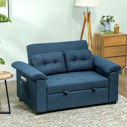 HOMCOM Pull Out Sofa Bed, Fabric 2 Seater Click Clack Sofa Bed Settee With 2 Pocket Springs, Convertible Sofa Couch With Pillows And Side Pockets For Living Room, Home Office, Blue