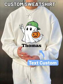 Personalized Plus Size Men's Cartoon Ghost Print Halloween Sweatshirt, Customizable With Name/Text, Loose Fit Casual Crew Neck Pullover For Autumn/Winter, Long Sleeve Top - White - View 1