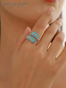 1pc European & American Style Luxurious Copper Electroplated Wheat Ear & Turquoise Adjustable Ring For Women, Flower & Leaf Design, Suitable For Daily Wear, Festivals, Weddings, Parties, Birthdays, Holidays, Gifts For Friends & Family, Christmas Gift