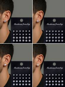 24-48pcs/Set Simple Punk Geometric Round, Square, Heart, Triangle, Five-Pointed Star Zirconia Earrings Suitable For Men, Suitable For Gorgeous Parties, Festivals, Vacations, Music Events, Couples, Gatherings, Dates, Gifts, Casual Wear