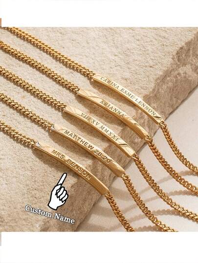 1Pc Engraved Name Bar Bracelet With Curb Chain By Grace Personalized Custom Name Bracelet Personalized Gift For Her