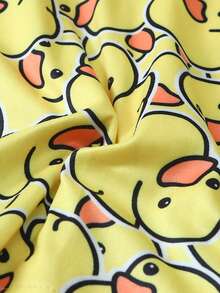 Women's Cute Duck Pajama Set, Long Sleeve Button Front Top & Pants, Soft Woven Fabric, Casual Home Wear For Spring & Fall - 黃色 - 查看 3