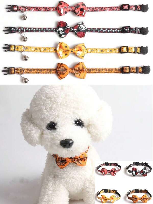1 pièce Collier pour animal de compagnie avec nœud papillon sur le thème d'Halloween, éléments de vacances en série citrouille et araignée avec cloche, 4 styles de colliers d'Halloween pour chat, nœud papillon ajustable pour les vacances, convient pour les costumes d'Halloween pour animaux de compagnie et la décoration d'animaux de compagnie pour les vacances