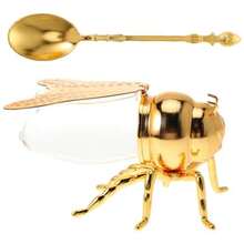 IMIKEYA Bee Honey Jar Decorative Bee Shaped Honey Pot Bee Figurine Glass Honey Container Syrup Dispenser Crystal Condiment Pot Sugar Holder Bowl For Kitchen Home - Golden - View 2