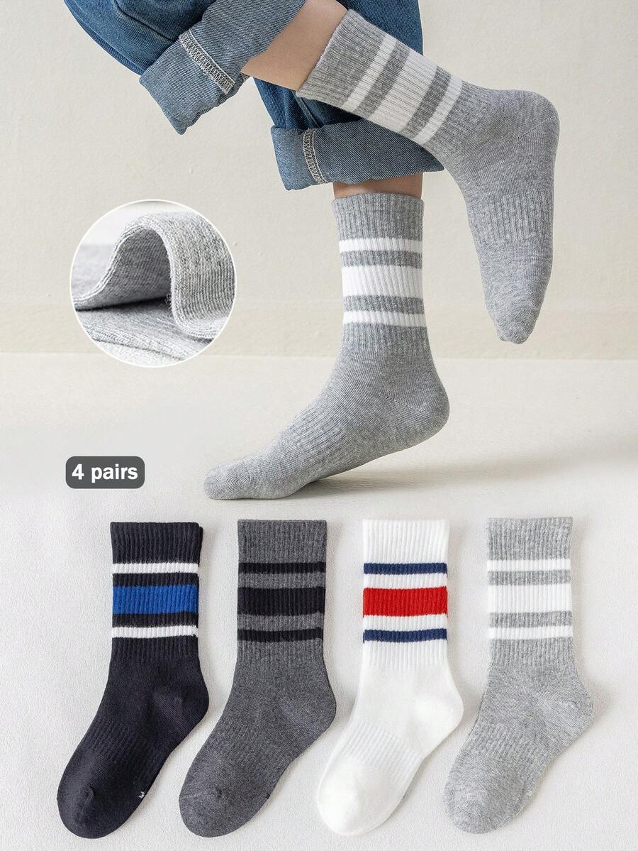 4 Pairs Boys' Breathable Soft Comfortable Fashion Versatile Sports Socks, Suitable For Kids/Teens (Ages 3-12), All Seasons