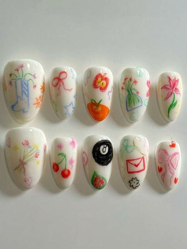 10 Long Almond Shaped Press On Nails, Cute Graffiti Small Flower Bow, Apple Cherry Bouquet Full Stick Detachable Fake Nail Set, Suitable For Office Workers, Students, Party Girls, And Nail Supplies Of All Seasons, Equipped With 1 Jelly Glue And 1 Nail File