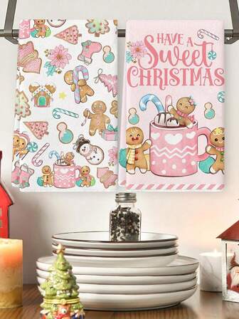 [Christmas Decoration] 2Pcs Pink Gingerbread Christmas Kitchen Towels Gingerbread Mouse Christmas Dish Towels Candy Cane Gingerbread Man New Year Xmas Kitchen Decor Christmas Decorations For Home Party