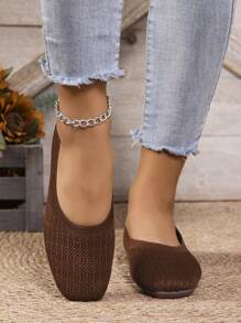 Women's Casual Knit Flat Shoes - Square Toe Slip-On With Tassel Detail, Lightweight Breathable Fabric Upper And Rubber Sole, Suitable For Walking, Home, Outdoor - Olive Green, Black, White, Brown, Comfortable For All Seasons, Casual Slip-On Mules, Synthetic Insole