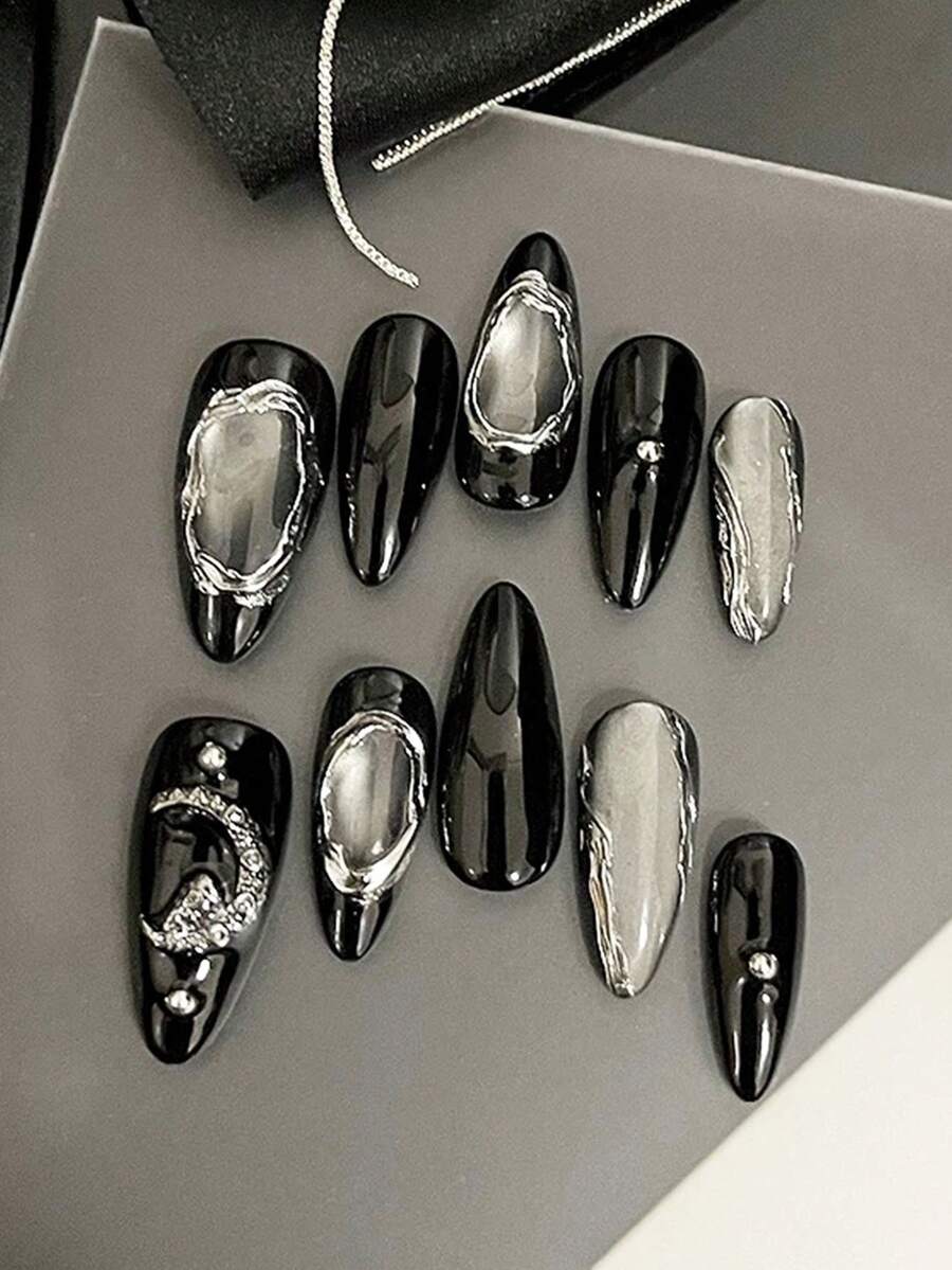 10 piezas de uñas postizas de forma de almendra hechas a mano, estilo punk oscuro y fresco, base degradada de negro brillante y plateado espejo, marco asimétrico de plata metálica, decoración de luna creciente con cristales, incluye set completo de herramientas de manicura - Negro - Ver 1