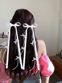 2个白色流苏发夹，女士/女孩纯色丝带流苏蝴蝶结鳄鱼夹，仿珍珠流苏蝴蝶结发夹，优雅仿珍珠流苏蝴蝶结发夹，婚礼/节日双马尾蝴蝶结发夹，女士发饰，爪夹，发夹，发饰，发卡 - 白色 - 查看 2