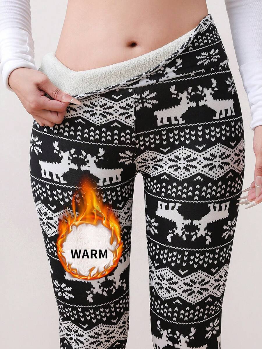 1件装冬季运动紧身裤 高腰加厚羊毛保暖绒面加厚保暖绒面休闲圣诞驯鹿印花紧身裤 冬季女款，舒适 - 黑與白 - 查看 1