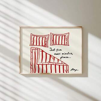 1pc Minimalist Modern Stay In Bed Print Horizontal Poster, Hand-Drawn Sketch, Red And White Neutral Bedroom Art, Funny "Just Five More Minutes Please..." Canvas Wall Decor, No Frame, Perfect For Bedroom, Living Room, Or Office, Bedroom Wall Art | Playful Wall Decor | Textured Artwork, Bedroom Decor