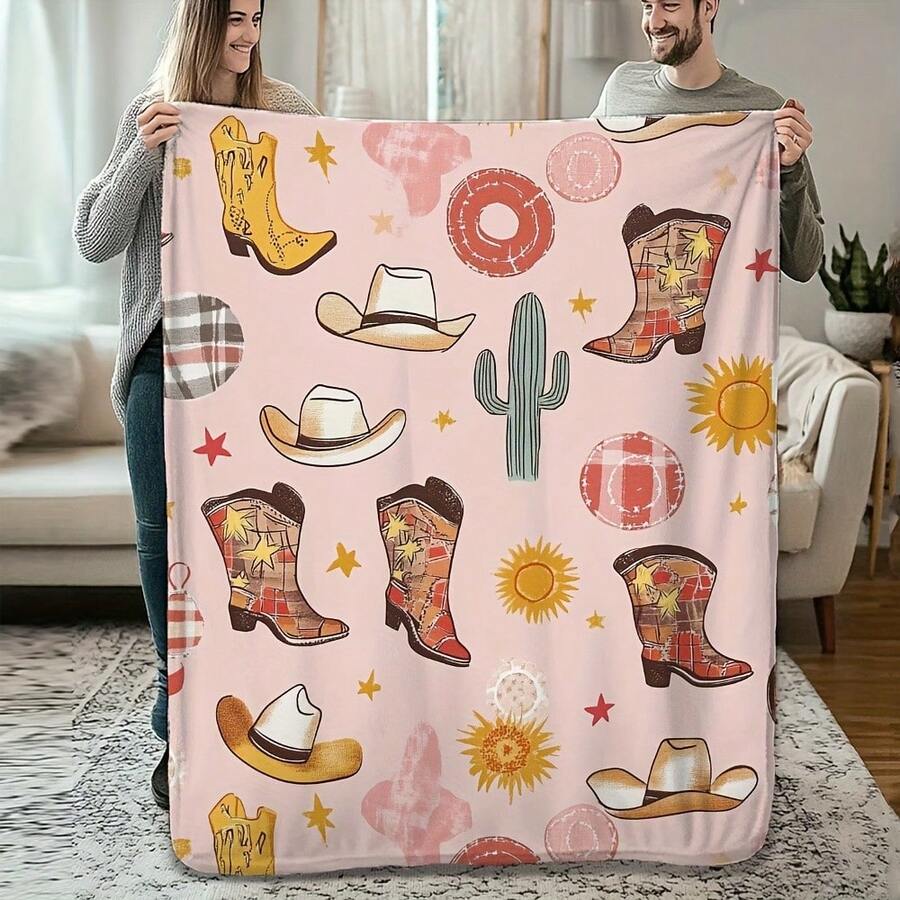 Retro Western Cowboy Theme, Cowboy Boots, Cowboy Hats, Cacti, Feather Design Patterns, Modern Home Style,Super Soft Flannel Printed  Blanket,As Birthday Gifts, Family, Wedding, Souvenir Blankets, Polyester Blankets Suitable For All Seasons, Washable, Machine Washable, Lightweight, Breathable, Comfortable, Warm, Unique, 280gsm For Him, Her Personalized Ideal Gifts For Her, Him, Family, Boyfriend, Girlfriend, Father, Family, Mother, Lover, Daughter, Son, Grandfather, Grandmother, Teacher,Doctor, Nurse,Friend, Classmate, Pet.Perfect Nap, Camping, Travel, Home, Daily Life, Office Decoration, Birthday, Anniversary, Valentine's Day, Thanksgiving, Graduation Season,Christmas, Halloween, Mother's Day, Father's Day, Wedding, New Year Gifts ,Sofa,Bed,Car,Bedroom,Living Room,Office,  Outdoor Camping, Beach,Wall Decoration - 多色3 - 查看 1