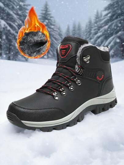 Unisex Hiking Boots, Outdoor Sports Warm High-Top Shoes For Autumn/Winter, PU Waterproof Snowboots, Trekking Boots, Outdoor Camping Hiking Shoes, Anti-Slip Durable, Black/Grey Lace-Up Snow Boots, Size 36-48