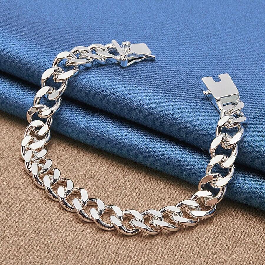 1pc Fashion 925 Silver Plated Men's Square Buckle Cuban Chain Bracelet Perfect Gift For Men Wedding Party Jewelry