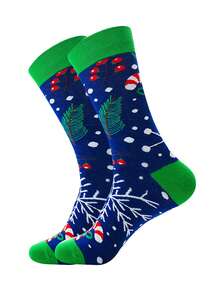 1 Pair Of Men's Christmas Themed Medium Length Socks, With A Blue Background And Green Pine Branches And Red Berry Patterns, Creating A Strong Festive Atmosphere, Comfortable, Making It The Preferred Holiday Gift - Multicolor - View 2