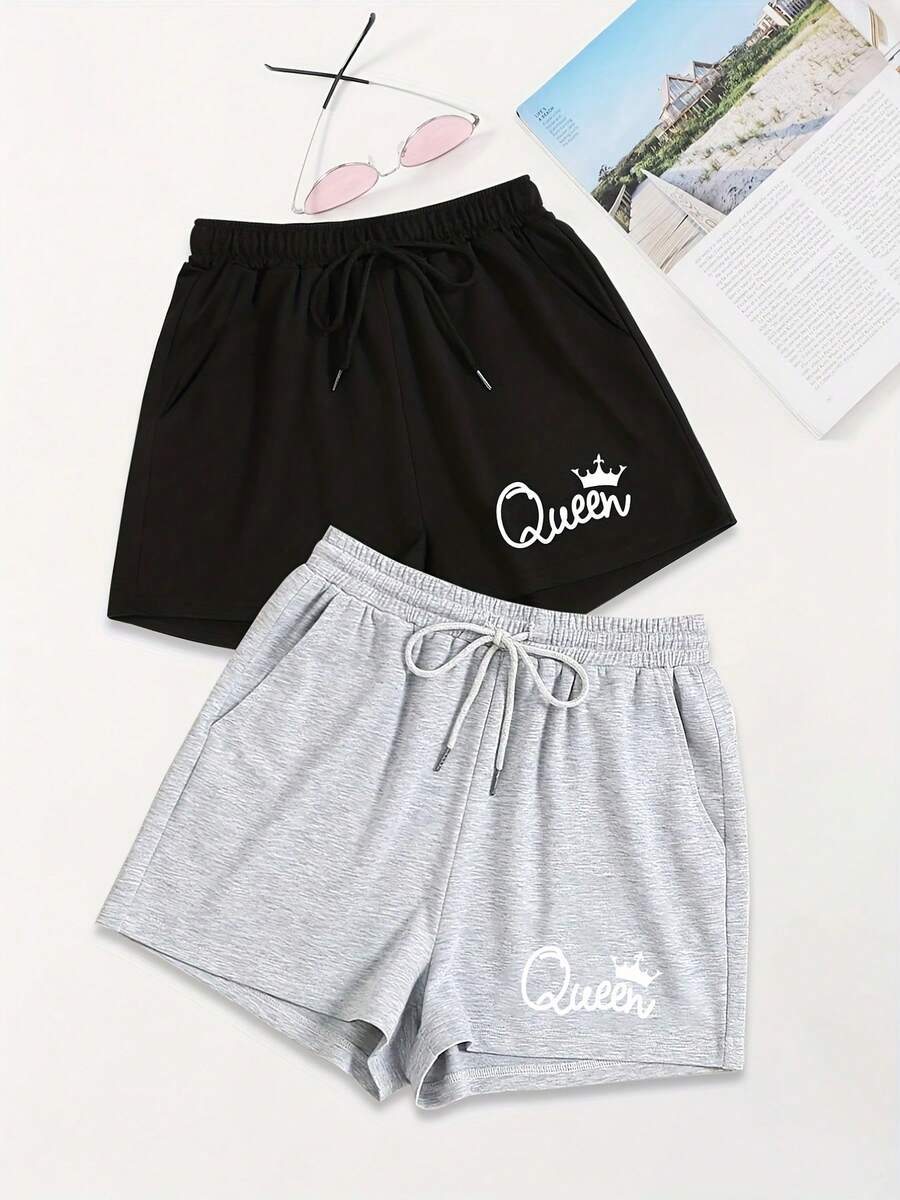 Women's Casual Tie Waist Shorts Set - Black, White, Gray, Loose Fit With Pockets, Patterned, Cotton, Polyester Blend, Suitable For Daily Comfort, Comfortable Clothing|   Loose Fit Shorts| - 灰色 - 查看 1