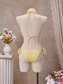 Bellisia Swim Vcay 2pcs Women Sexy Lace Trim Jacquard Triangle Bikini Set, Simple Strap Tie Up Halter Yellow Bikini Set With Gold Shell Decor