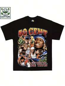 50 Cent Hip Hop Graphic T-Shirt - Vintage Retro Y2K Black Tee With Geometric Money & Chains Design, Regular Fit Short Sleeve Round Neck, High Elasticity Machine Washable Unisex Casual Streetwear, Vintage T Shirts, Everyday Apparel, Street Style Shirt, Comfortable Fit Shirt - Black - View 2