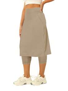 Fisoew Women Tennis Skorts With Pockets Golf Workout Skirted Leggings Yoga Capri Pants Summer Activewear Running Fitness Skirts - Màu Khaki - Xem 3