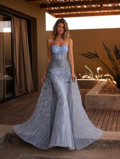 New Fashionable And Elegant Solid Color Sequin Strapless Waist, Exposed Back, High Waisted Cocktail Party Dress