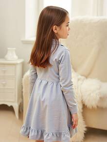 女童灰色系校服，浅灰色 Polo 领荷叶边下摆 + 可爱蝴蝶结印花休闲连衣裙，适合日常穿着和校服 - 灰色 - 查看 6