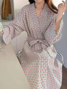 1Pc Women's New Style Kimono Robe, Korean Minimalist Comfy Sleepwear, Bow Decor Loose Casual Bathrobe Back To School