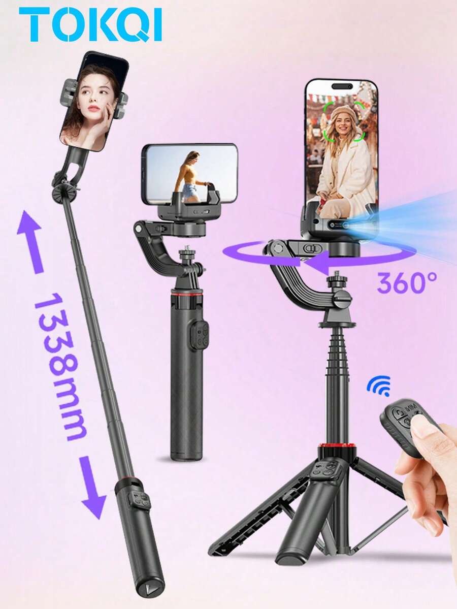 TOKQI Estabilizador de gimbal con reconocimiento facial de seguimiento de IA, trípode, palo de selfie, soporte de teléfono con rotación de 360°, control remoto compatible con Android, iOS, trípode extensible de aleación de aluminio para vacaciones de verano, viajes, actividades al aire libre, transmisión en vivo