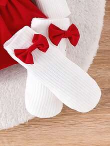 Baby Girl Cherry Embroidered Bow Decor 2 In 1 Bubble Long Sleeve Bodysuit Dress With Bow Headband And 1 Pair Bow Decor Socks Cute Set