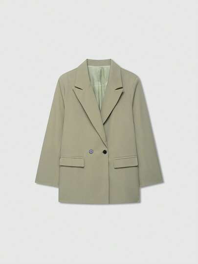 Old Money Women's Loose Fit Double-Breasted Lapel Casual Blazer Jacket, Solid Color Long Sleeve, Minimalist & Fashionable, Suitable For Spring/Autumn/Winter