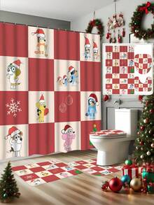[Holiday Edition] 1/3/4pcs Bluey Family Cosplay Shower Curtain Set, Featuring Christmas Tree, Halloween Turkey Plaid Witch Hat, Bat Prints