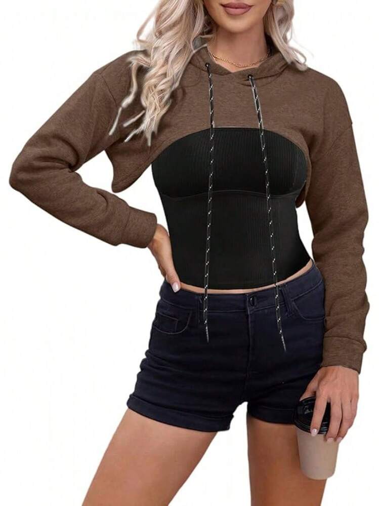 Women Crop Top Pullover Sweatshirt Long Sleeve Drawstring Hoodie - Brown - View 4