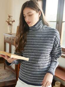 Knit Mix Women's Autumn/Winter Fashion French Elegant Commute Knit Contrast Color Striped Turtleneck Long Sleeve Regular Loose Pullover Sweater Top - Navy Blue - View 11