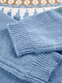 Suéter de punto acanalado, patrón vintage elegante de colorblock y estilo Fair Isle de cuello redondo, manga larga, elástico y holgado, básico, para uso diario, casual y cómodo para mujer, primavera y otoño, festival de música - Azul - Ver 4