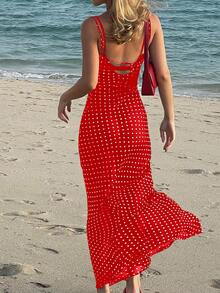 女士优雅波尔卡圆点性感雪纺透明欲望海滩夏装（随机印花） - 紅色 - 查看 3
