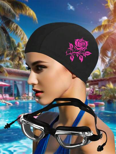 Conjunto de gafas de natación impermeables y gorro de natación para cabello largo para mujer. El conjunto incluye gafas de natación y un gorro de natación. El gorro de natación está hecho de tela de punto con un hermoso diseño impreso. El gorro de natación es cómodo y de moda para usar.