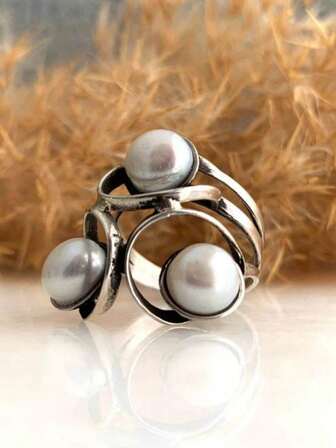 1 件复古珍珠艺术银白色戒指，适合女性生日结婚周年礼物、日常佩戴、节日礼物