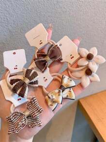 10 件儿童可爱简约复古花卉印花蝴蝶结发带，适合女孩的时尚低马尾辫发带，包装 - 咖啡棕 - 查看 5