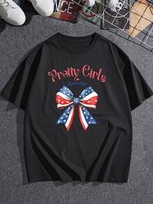 Camiseta gráfica de Pretty Girls Social Club con diseño de lazo patriótico y estrellas y rayas. Camiseta de manga corta para mujer. Top informal y cómodo. Elegante prenda patriótica, perfecta para el Día de la Independencia y eventos de verano. Talla extragrande. - Negro - Ver 3