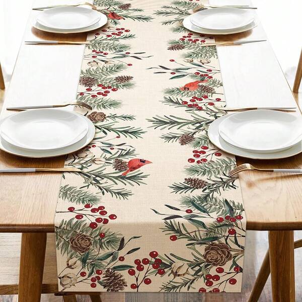 1pc Winter Pine Tree Branch Table Runner, Pine Cone Red Berry Farmhouse Kitchen Dining Table Decor, Christmas Holiday Home Decoration Indoor Outdoor Party Supplies, 33x90cm, 33x120cm, 33x183cm, 33x230cm, 33x275cm