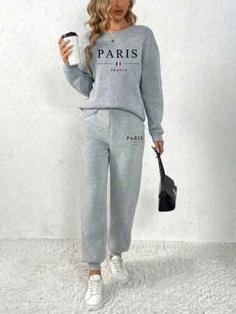 Women's Autumn And Winter Regular Fit Fleece Thickened 2 Pieces Set, Crew Neck Top And Fashionable Parisian Monogram Print Design With Adjustable Trouser Straps, Perfect For Autumn And Winter Outdoor Jogging, Daily Home Casual Wear