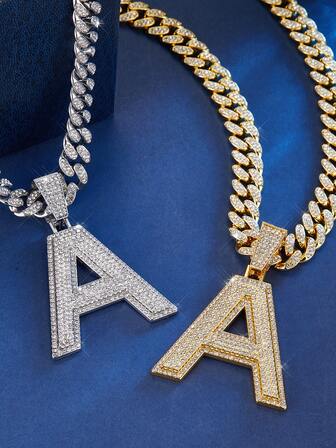 1set Hip Hop Bling Rhinestone Initial Letter Necklace - Glittering Iced Out Cubic Chain Link 12MM Cuban Link Chain - Elegant Personalized Jewelry For Special Occasions