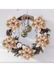 10 piezas Decoraciones de árbol de Navidad, hojas rojas con brillo estilo navideño, flores de Navidad artificiales, hojas rojas con brillo para decorar el árbol de Navidad, para Navidad, bodas, celebraciones festivas, decoración floral navideña, decoración de fiestas