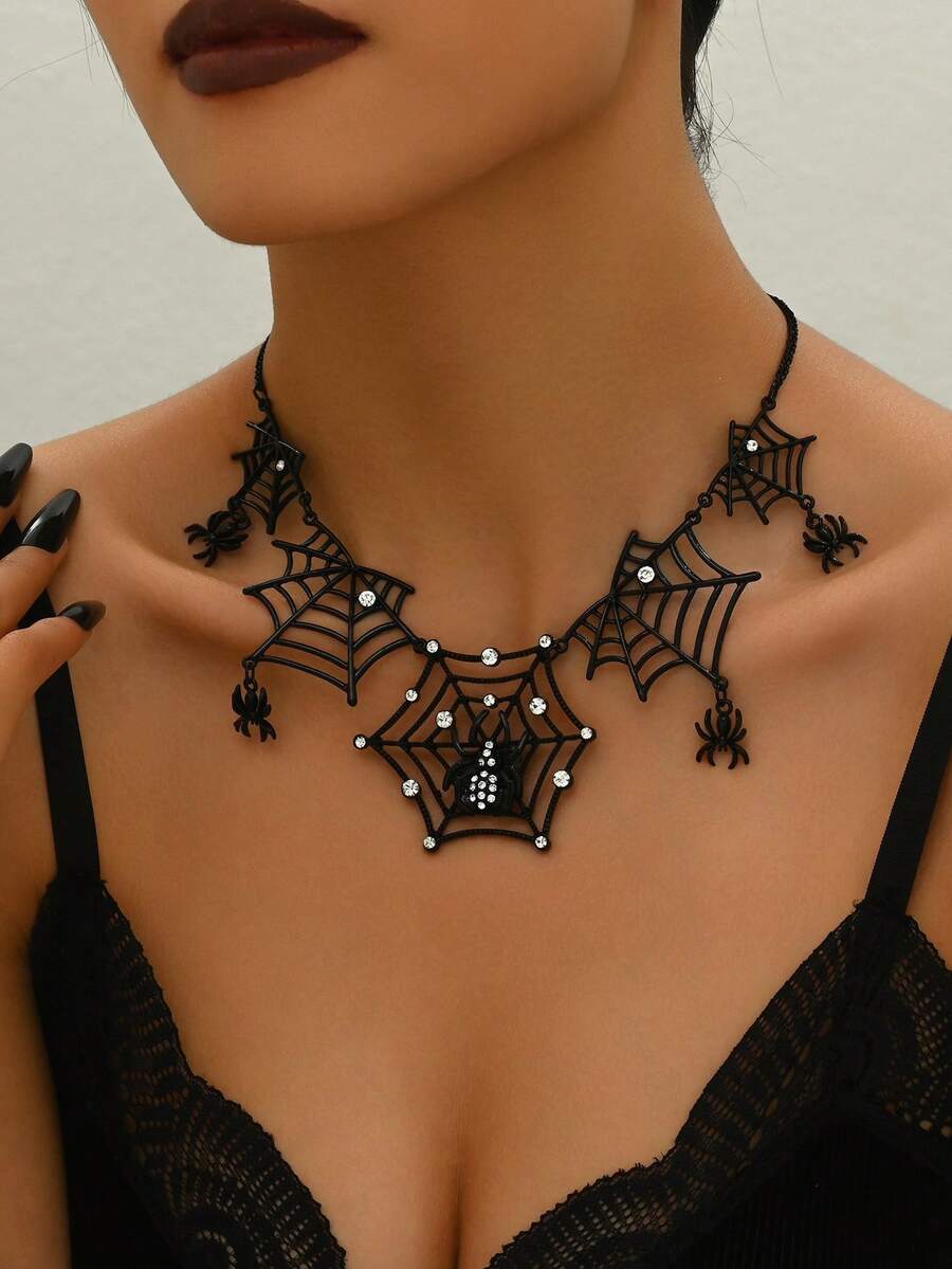1 pieza Collar negro de estilo gótico con decoración de telaraña geométrica hueca de cristal, joyería para uso en fiestas y Halloween para mujeres